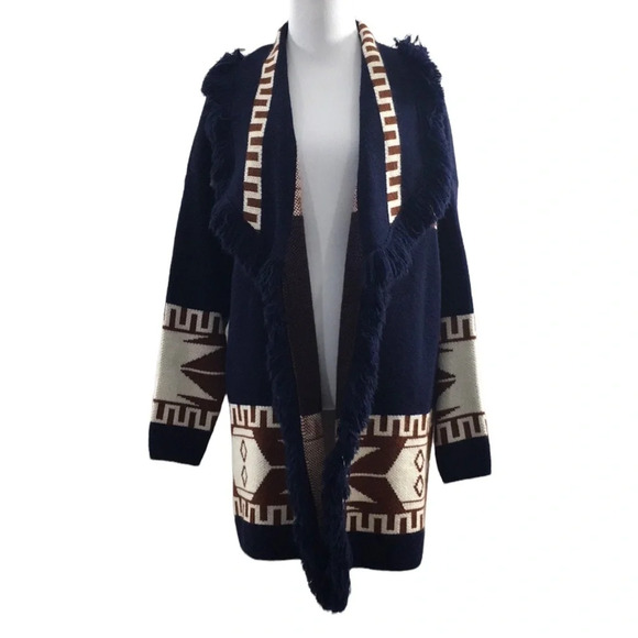 Cocogio Blue Brown Knit Aztec Cardigan Sweater Womens Small‎ Fringe Open Front - Picture 1 of 12